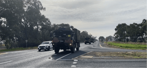The autonomous Army leader-follower convoy on the Goulburn Valley Highway in Victoria.